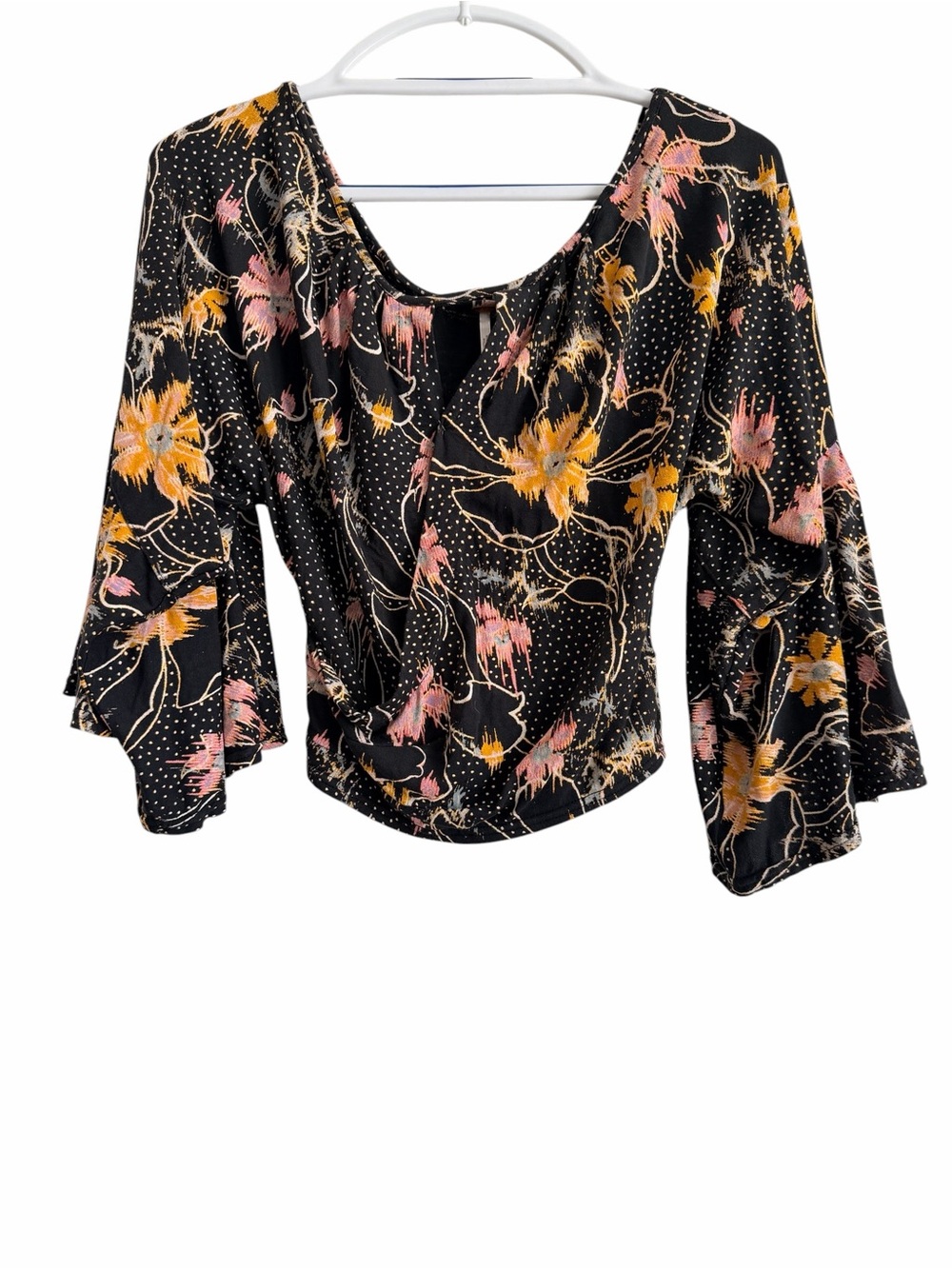 Free People Black Floral Keyhole Flowy Blouse Pink & Yellow Accents Size XS - Picture 2 of 7